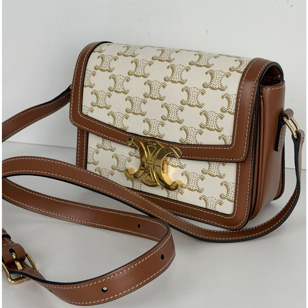 Celine Teen Triomphe Bag in Brown and White Triomphe Canvas and Calfskin S11